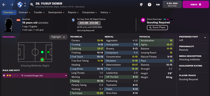 Yusuf Demir Player Profile Football Manager 2022