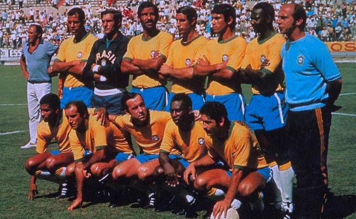 Best retro football kit Brazil 1970 product image of a yellow kit with green details.