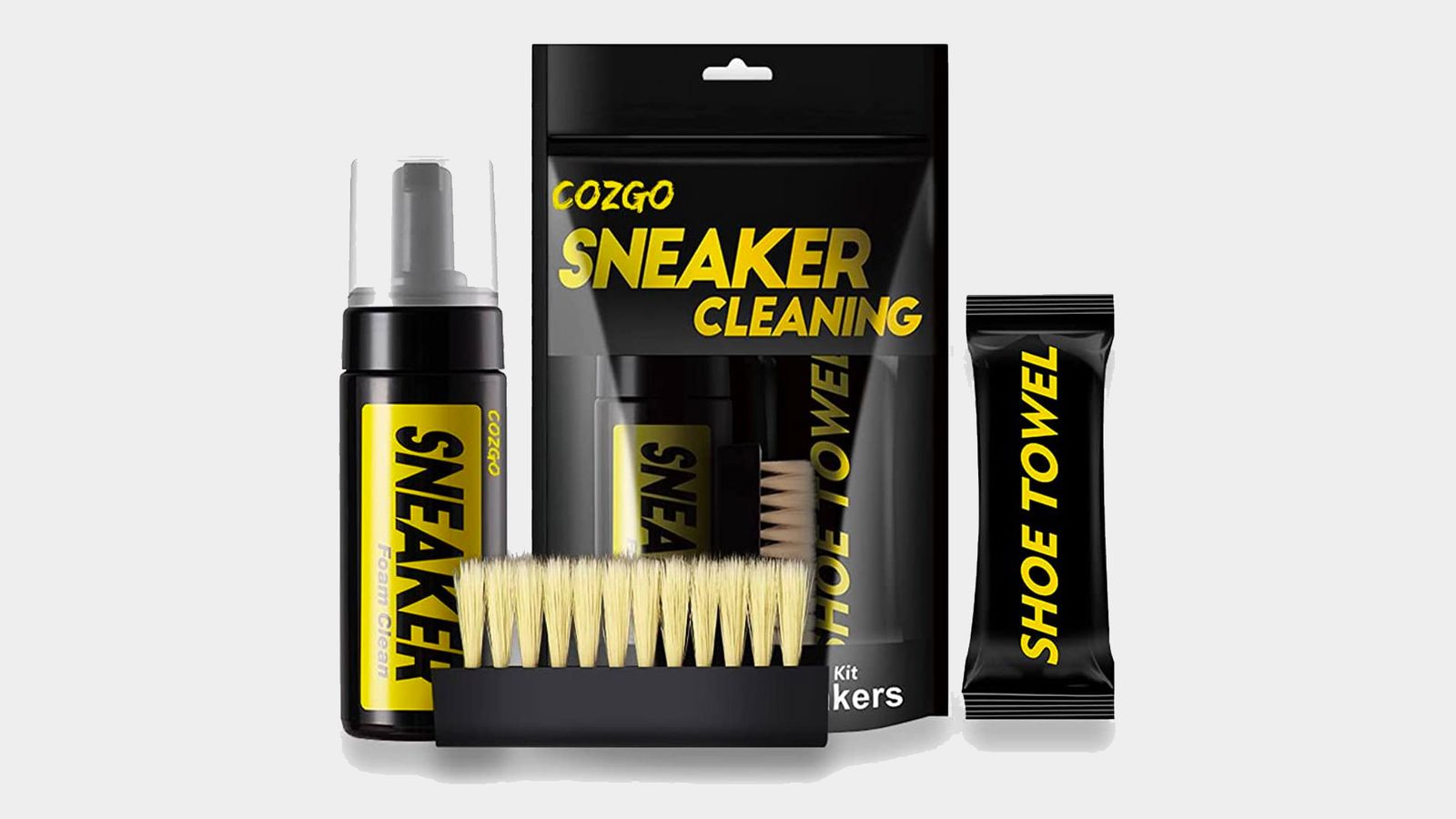 COZGO Shoe Cleaner Kit product image of a black and yellow cleaning kit with a spray bottle, towel, and brush.