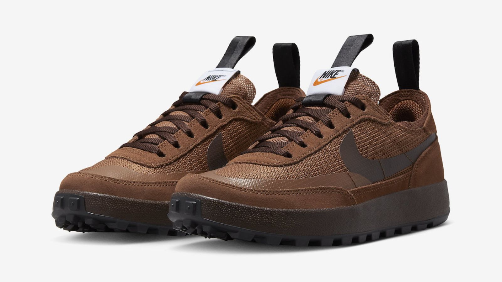 Tom Sachs x NikeCraft General Purpose Shoe "Field Brown" product image of all-brown low-tops.