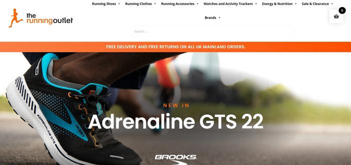 The Running Outlet website image with new Adrenaline GTS 22 shoes advertised.