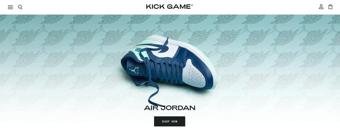 Kick Game website homepage with the Air Jordan collection advertised.