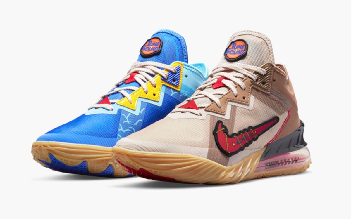 Nike LeBron 18 Low "Wile E. vs Roadrunner" product image of a mismatched blue and brown pair of sneakers with Looney Tunes accents.