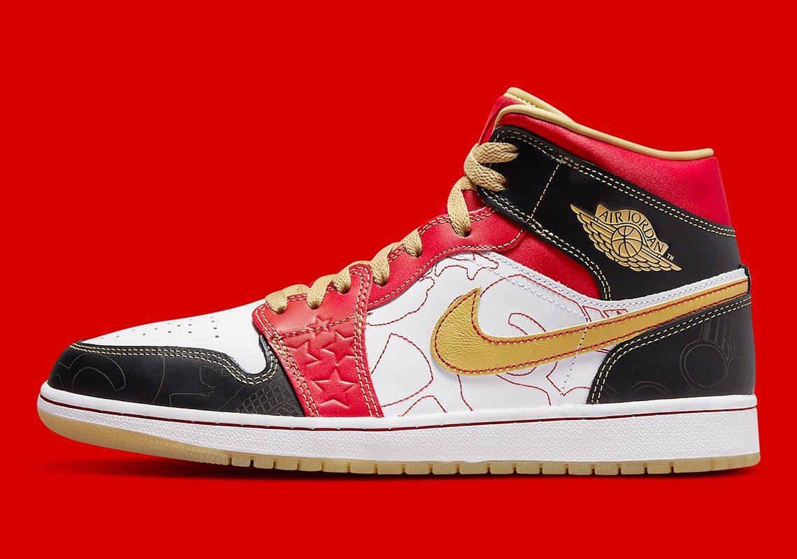 Air Jordan 1 Mid XQ product image of a pair of white, red, and black sneakers with gold accents.