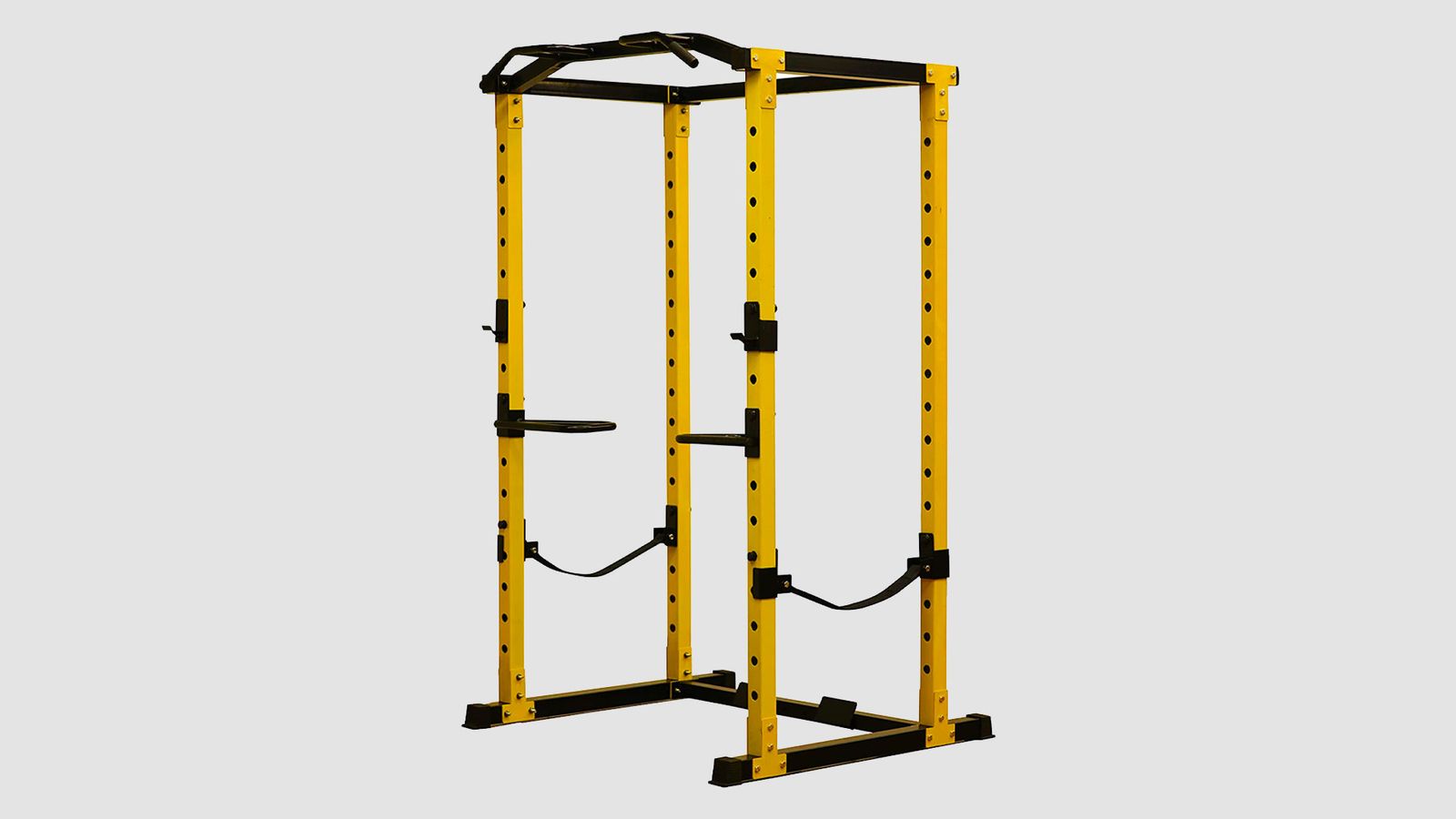 HulkFit Multi-Function Adjustable Power Cage product image of a yellow and black full power cage with pull-up bar attachment