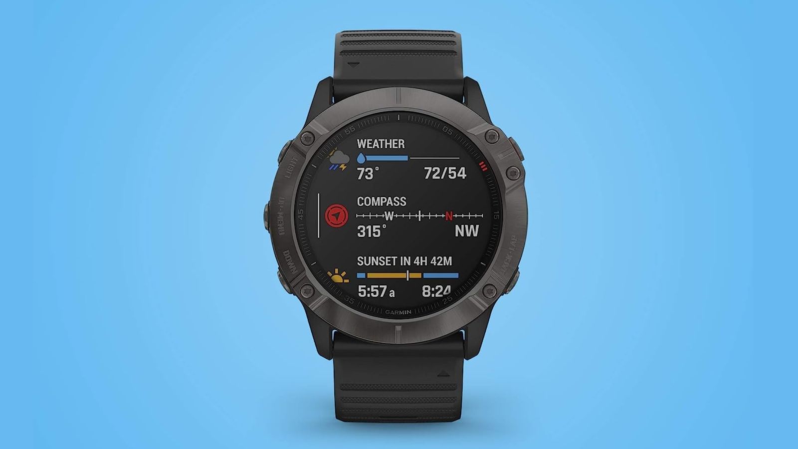 Garmin fēnix 6X product image of a black smartwatch on a blue background.