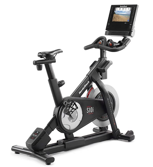 Exercise bike vs Treadmill NordicTrack product image of a stationary bike with an HD screen and magnetic drive