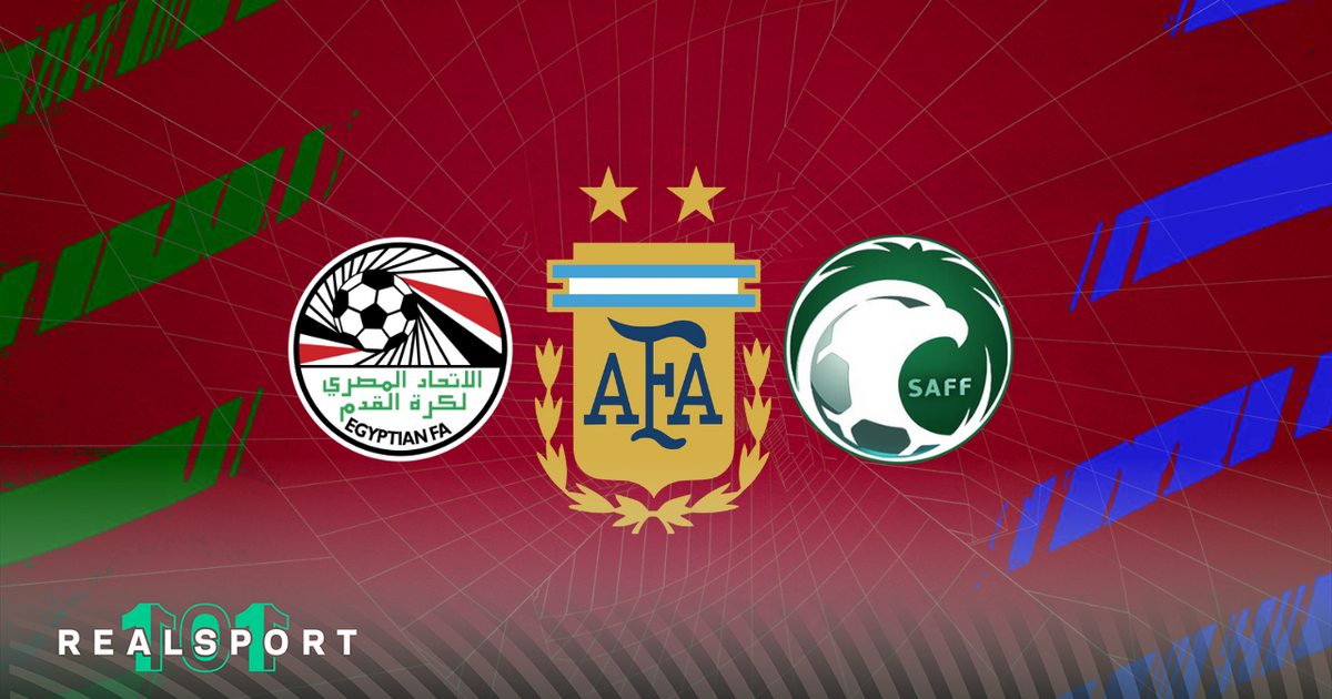 Egypt, Argentina and Saudi Arabia football badges with red, green and blue background