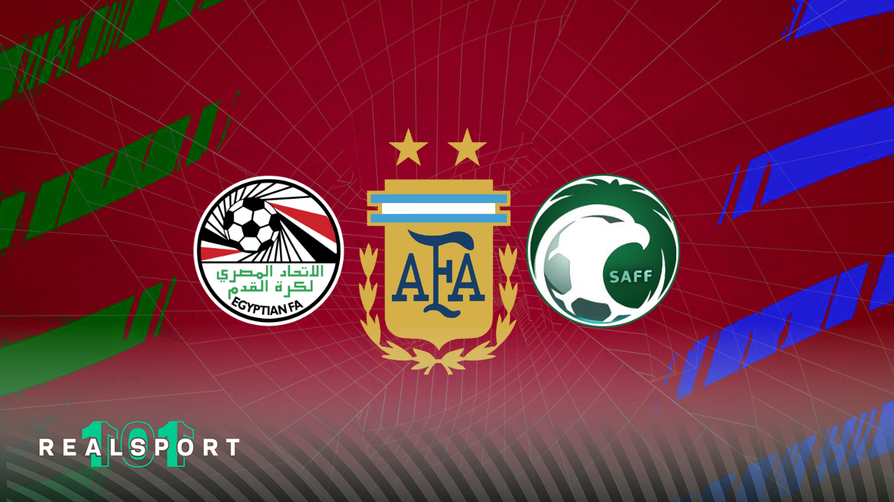 Egypt, Argentina and Saudi Arabia football badges with red, green and blue background