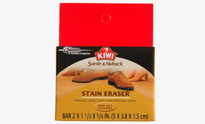 Best suede cleaner for shoes Kiwi product image of a brown, black, and red box containing an eraser.