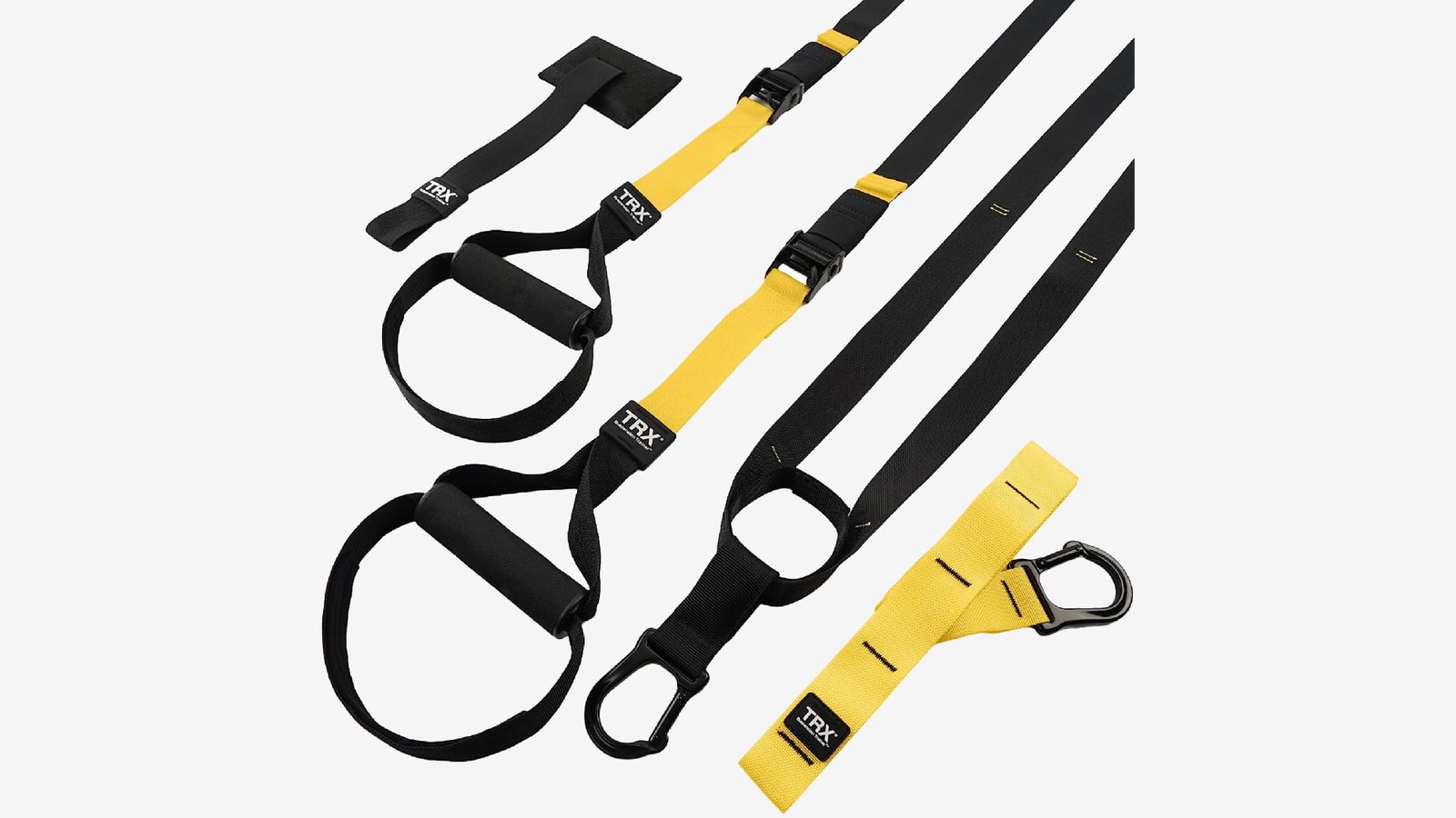 TRX All-In-One Suspension Training System product image of a selection of black and yellow cables.