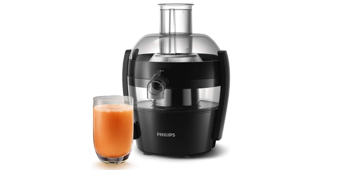 Best juicer Philips product image of a black machine with a bright orange juice next to it.