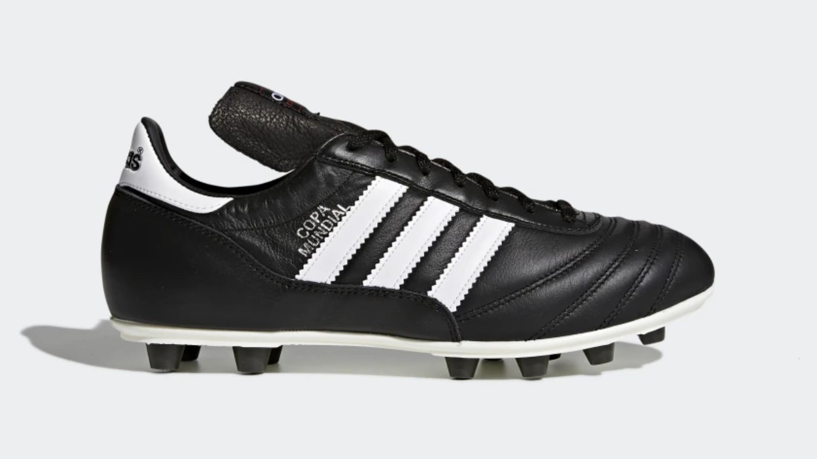 adidas Copa Mundial product image of a black football boot with white accents and adidas branding.