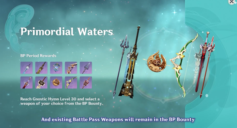 A screenshot of all the new Genshin Impact Battle Pass weapons from the 4.0 Livestream.