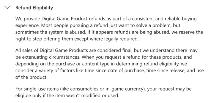 A screenshot of the eligibility section of Xbox's refund policy.