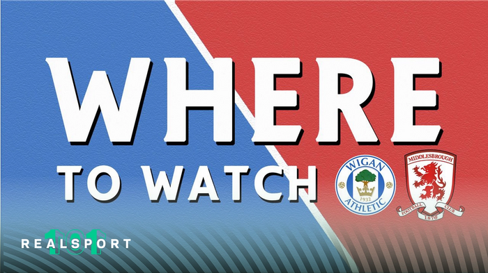 Wigan and Middlesbrough badges with Where to Watch text