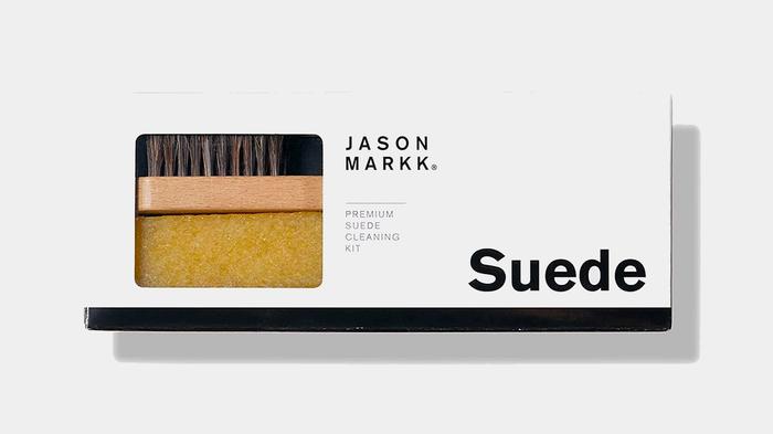 Best shoe cleaning kit - Jason Markk product image of a light grey box containing a brush and eraser with black branding.