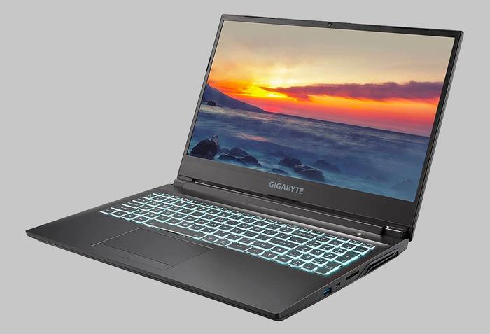 Best laptop for Fortnite Gigabyte product image of a black laptop with green backlit keys.