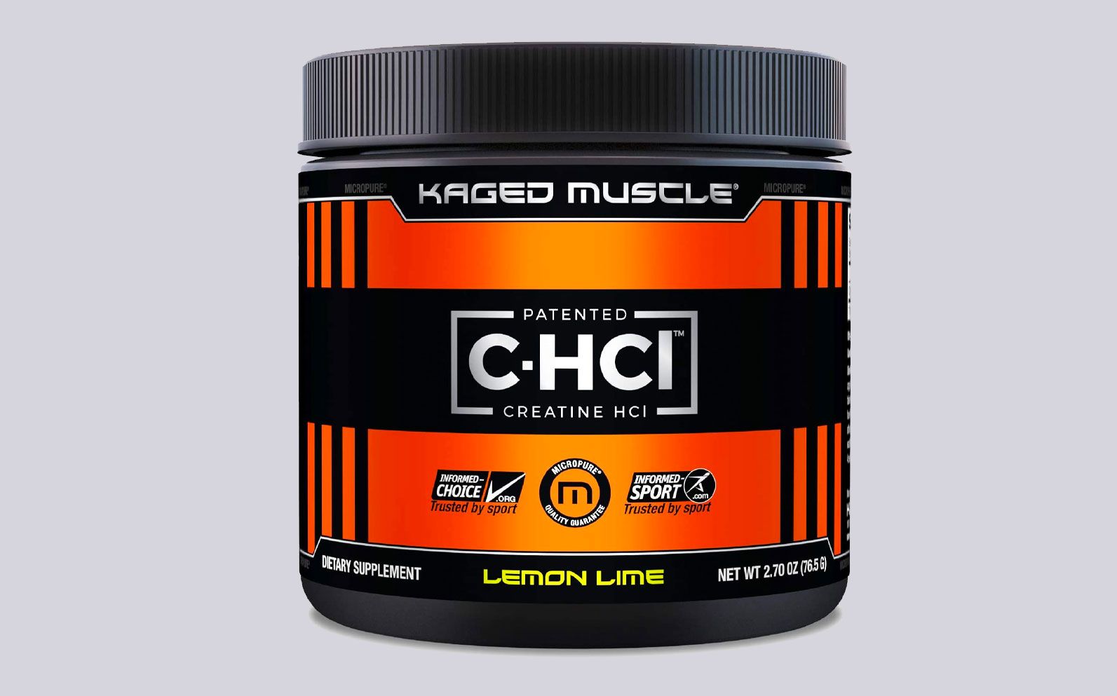Kaged Muscle Creatine HCL product image of a black and orange container.