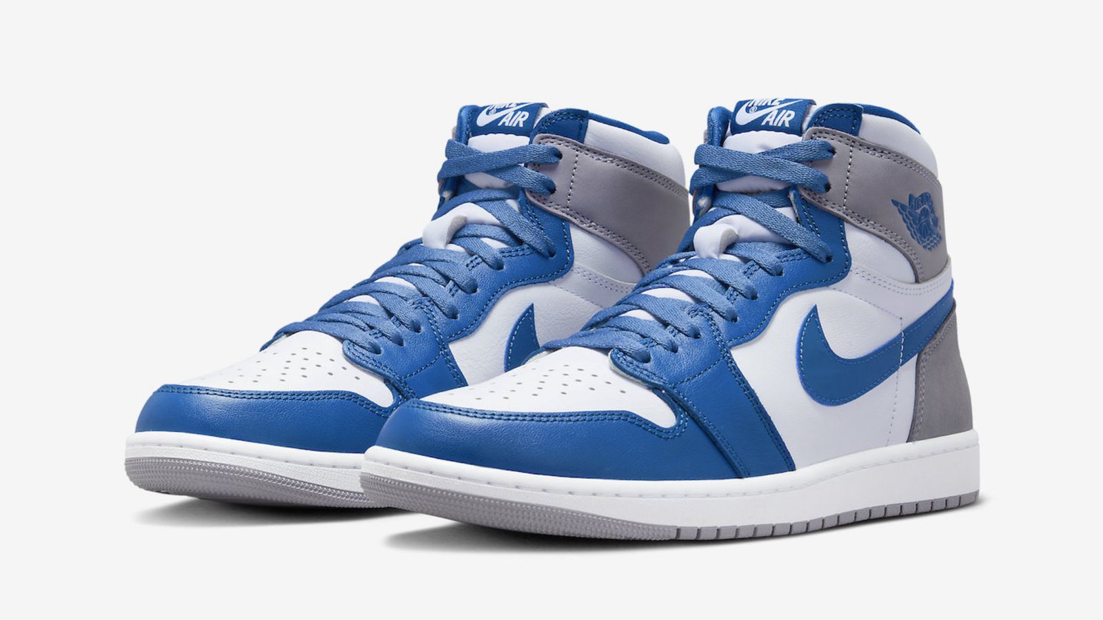 Air Jordan 1 High "True Blue" product image of a white, blue, and grey pair of sneakers.