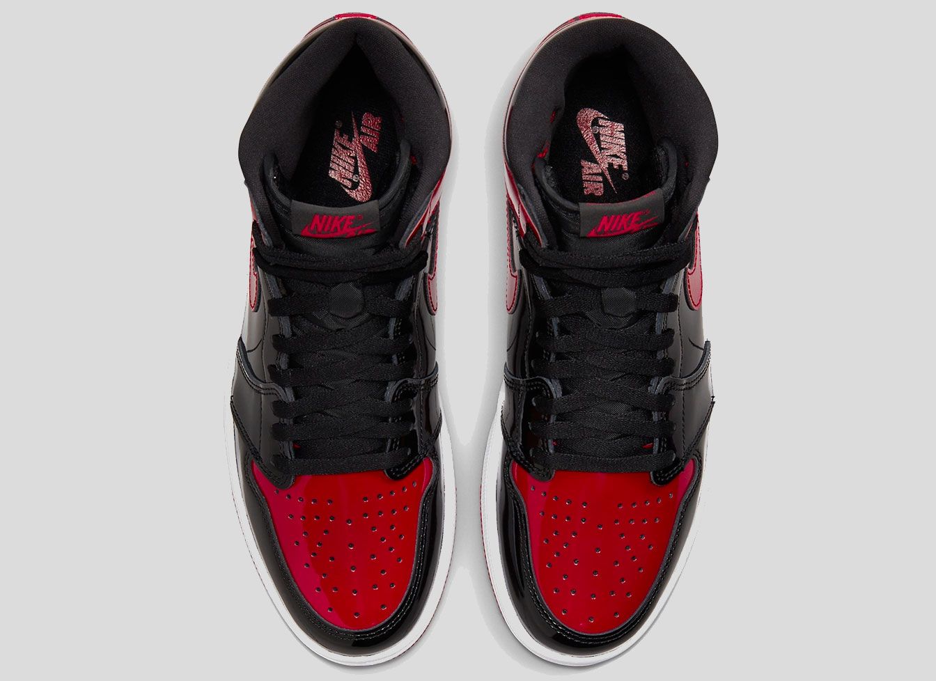 Air Jordan 1 in a patent leather black and red colourway.