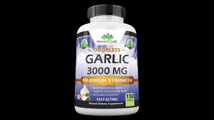 Best garlic supplement NaturaLife Labs product image of a white and black container with blue and gold branding.