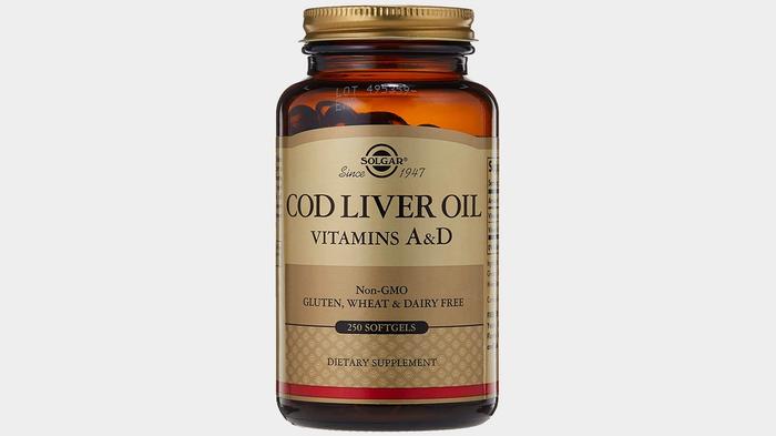 Best cod liver oil capsules Solgar product image of a brown container gold lid and light brown branding.