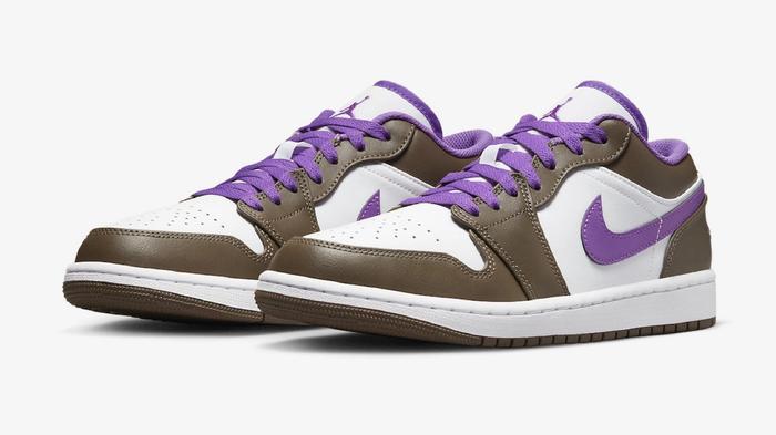 Best Jordan 1 Low - "Purple Mocha" product image of a brown and white sneaker with purple accents.