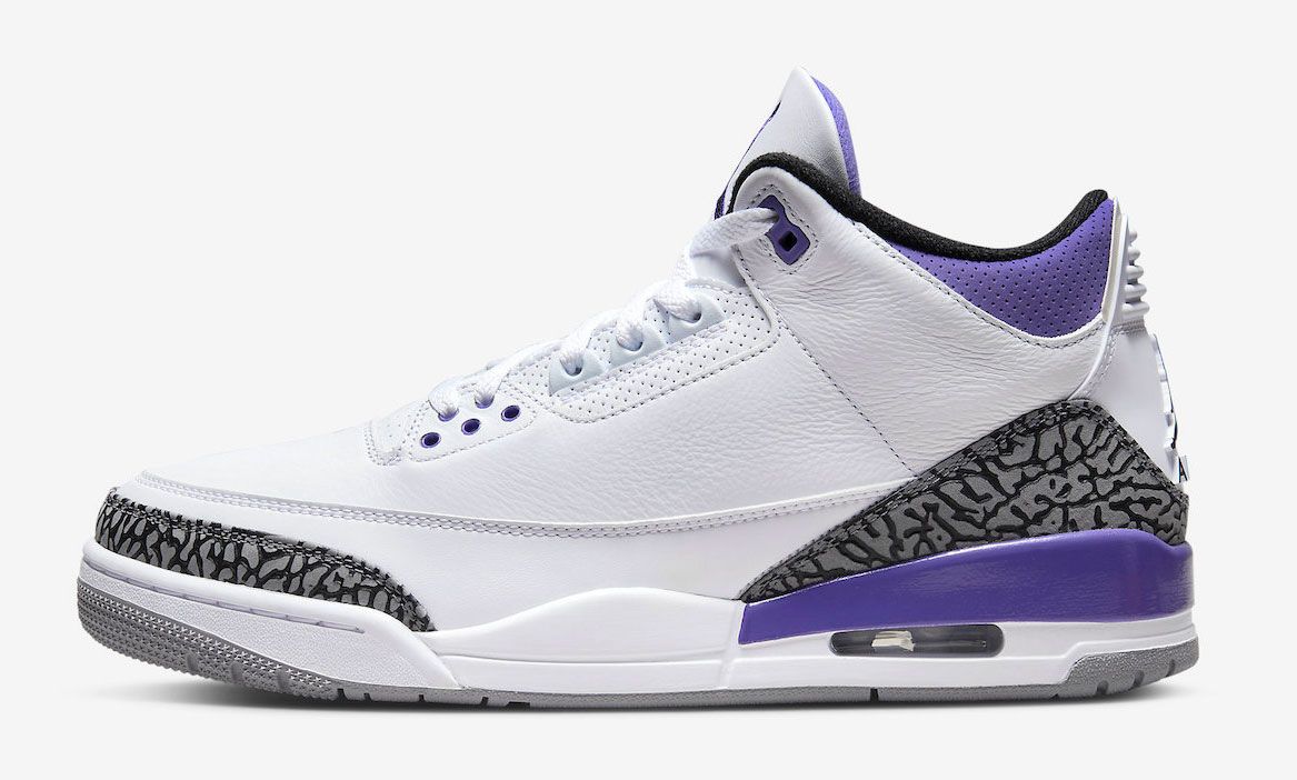 Air Jordan 3 "Dark Iris" product image of a white sneaker with purple and black elephant print details. 