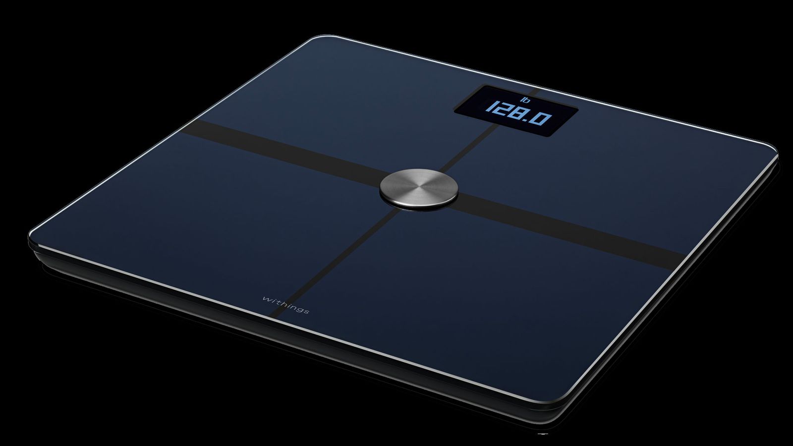 Withings Body+ product image of a black device with 128 on the digital display.