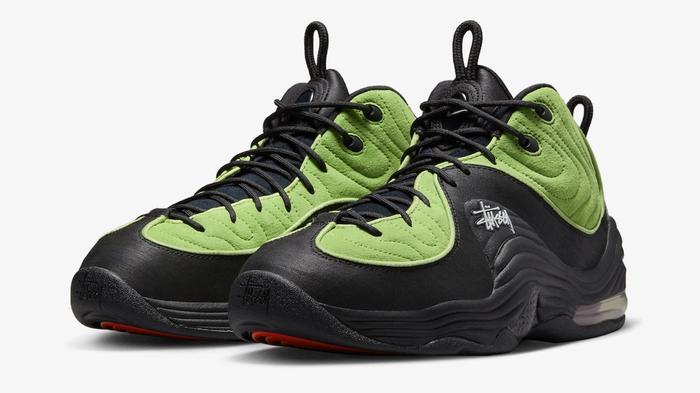 Best Nike collabs - Stüssy x Nike Air Penny 2 "Vivid Green and Black" product image of a black and green mid-cut sneaker.