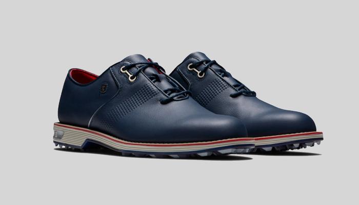 Spiked vs spikeless golf shoes FootJoy product image of a pair of blue brogue golf shoes.