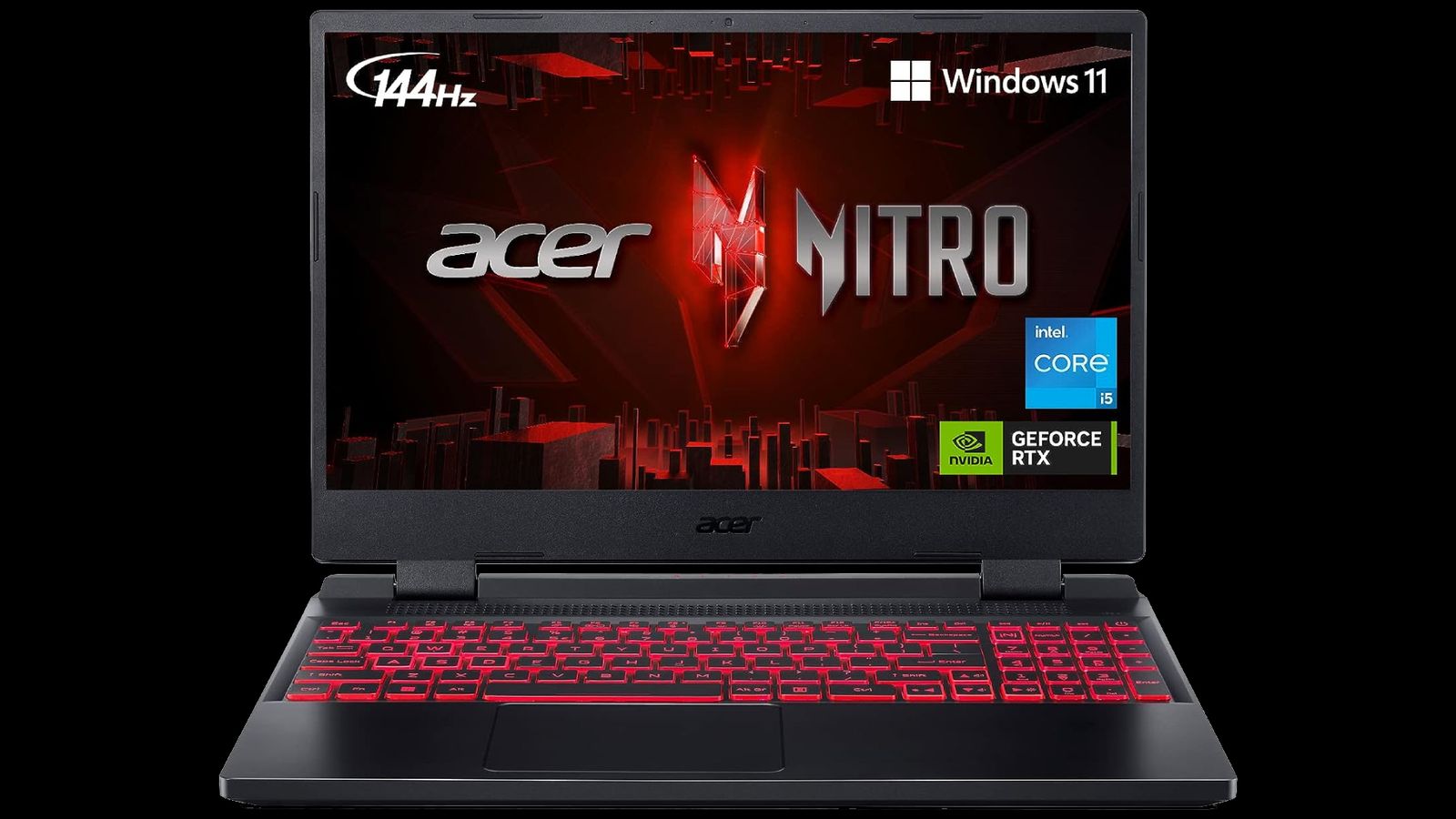Acer Nitro 5 product image of a black laptop with red backlit keys and silver Acer branding on a red background on the screen.