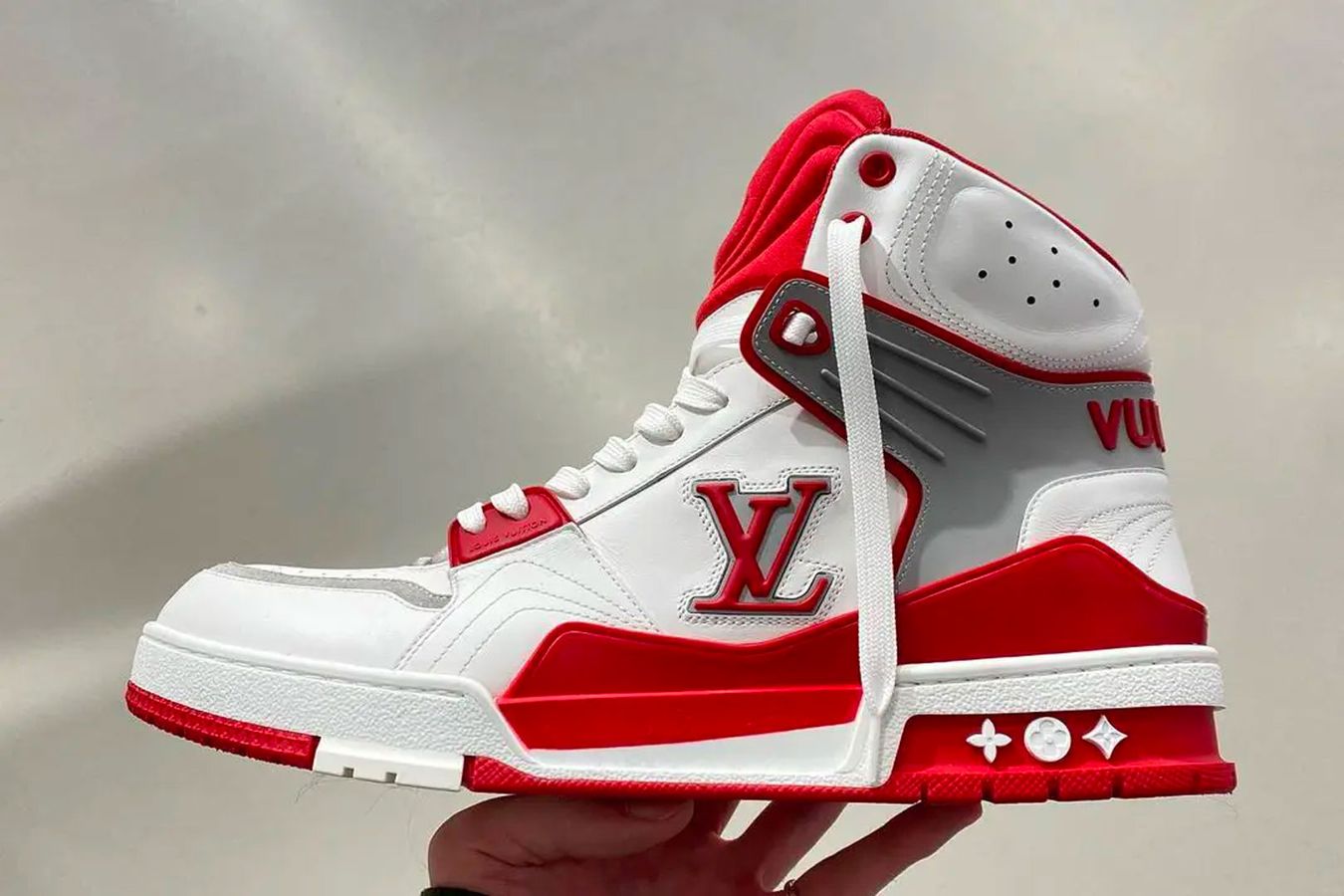 Louis Vuitton LVSK8 product image of a red and white high-top.