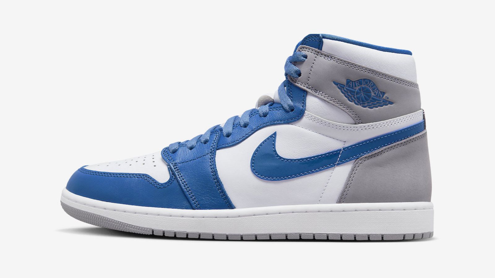 Air Jordan 1 High "True Blue" product image of a white, blue, and grey high-top sneaker with Jordan branding on the collar.