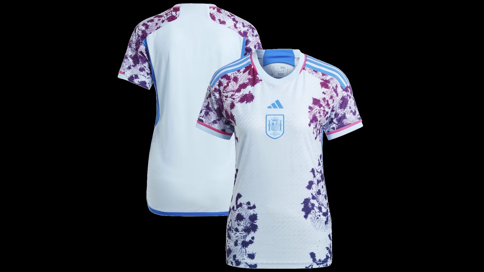 Spain adidas Women's Away kit product image of a light blue jersey featuring a purple coral reef-inspired pattern either side.