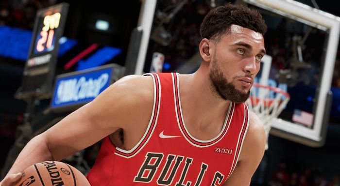 Bulls guard Zach Lavine bringing the ball up the court in NBA 2K22.