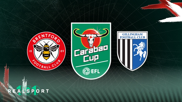 Brentford and Gillingham badges with Carabao Cup logo