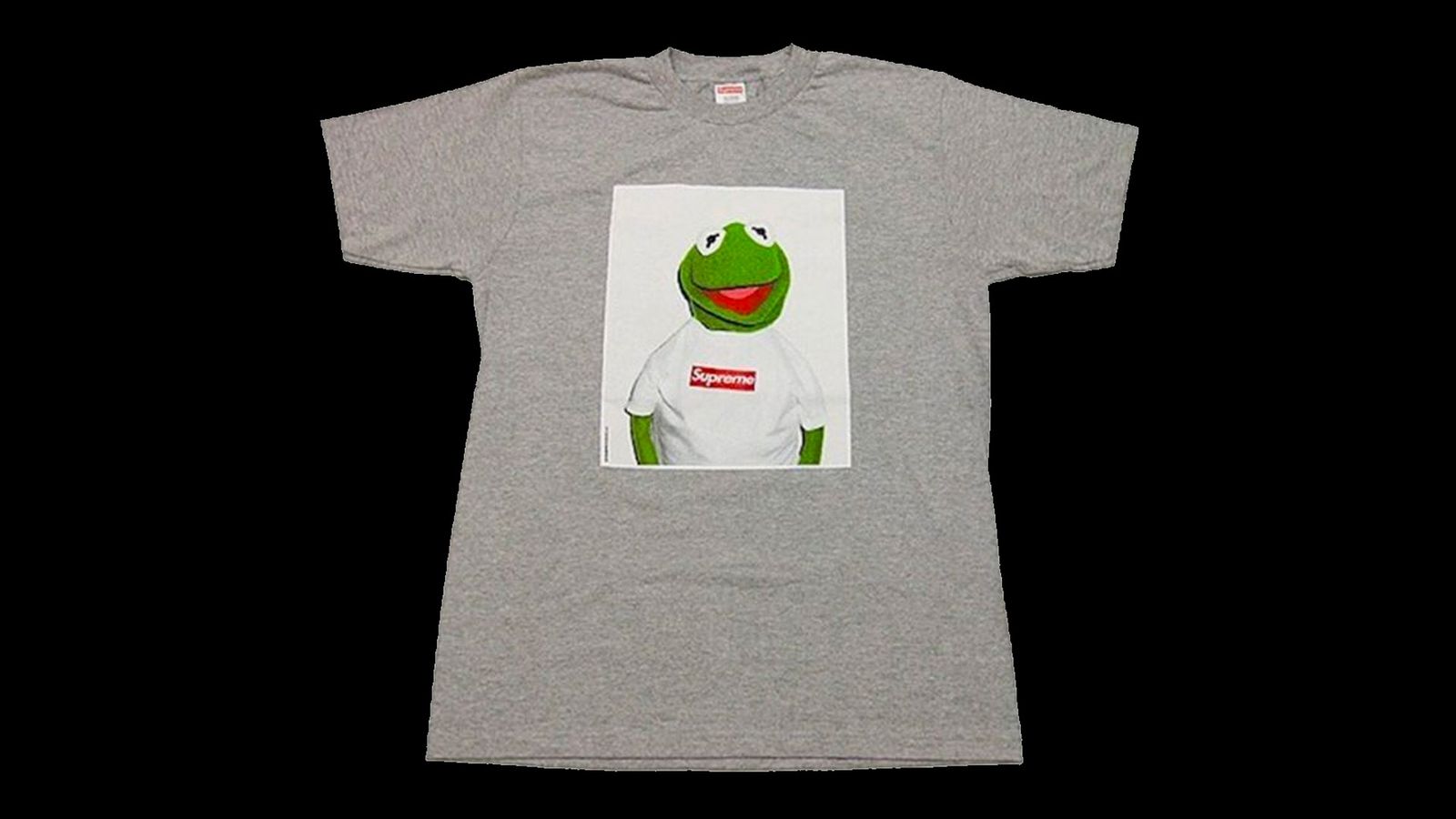 Supreme Kermit Tee product image of a grey t-shirt with Kermit pictured in the centre wearing an original Supreme box logo tee.