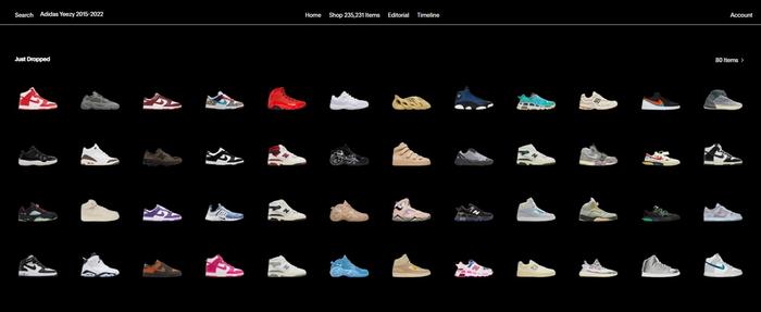 GOAT website homepage in black with just dropped sneakers advertised.