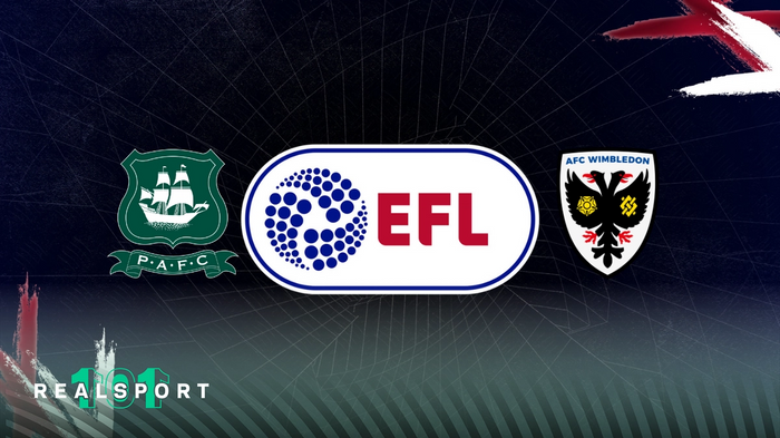 Plymouth and AFC Wimbledon badges with EFL logo and dark background