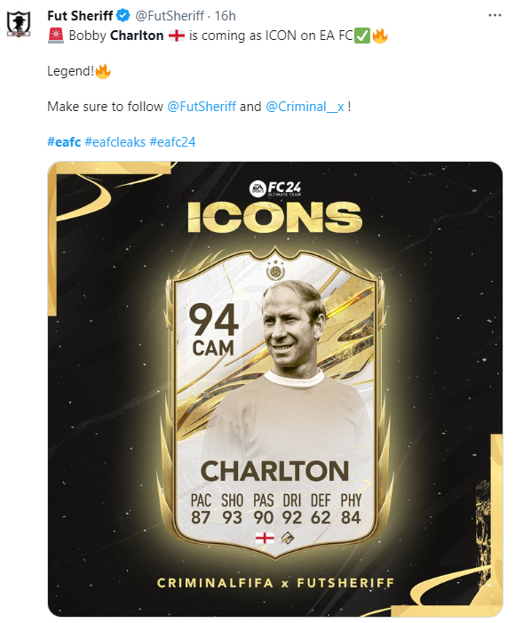 94 rated CAM, Bobby Charlton is coming as an icon in EAFC!