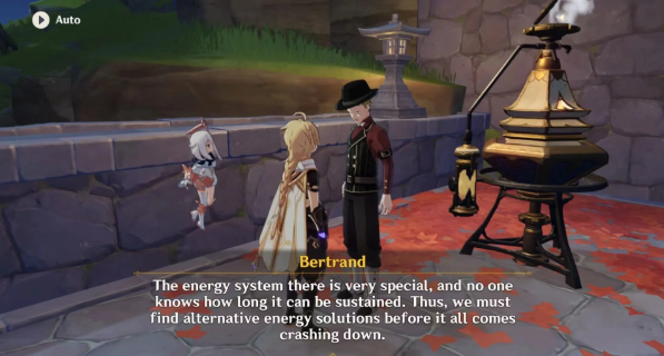 An in-game screenshot of Genshin Impact Bertrand talking about Fontaine's energy crisis.