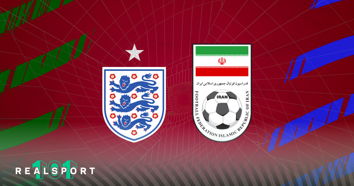 England and Iran badges with World Cup background