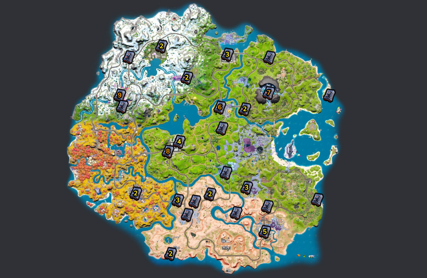 a birds-eye view of the Fortnite map with safe locations marked on it