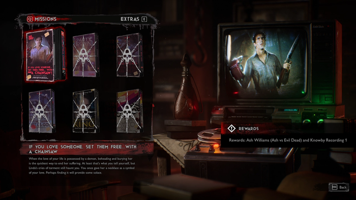 A screenshot of the Evil Dead: The Game mission select screen.