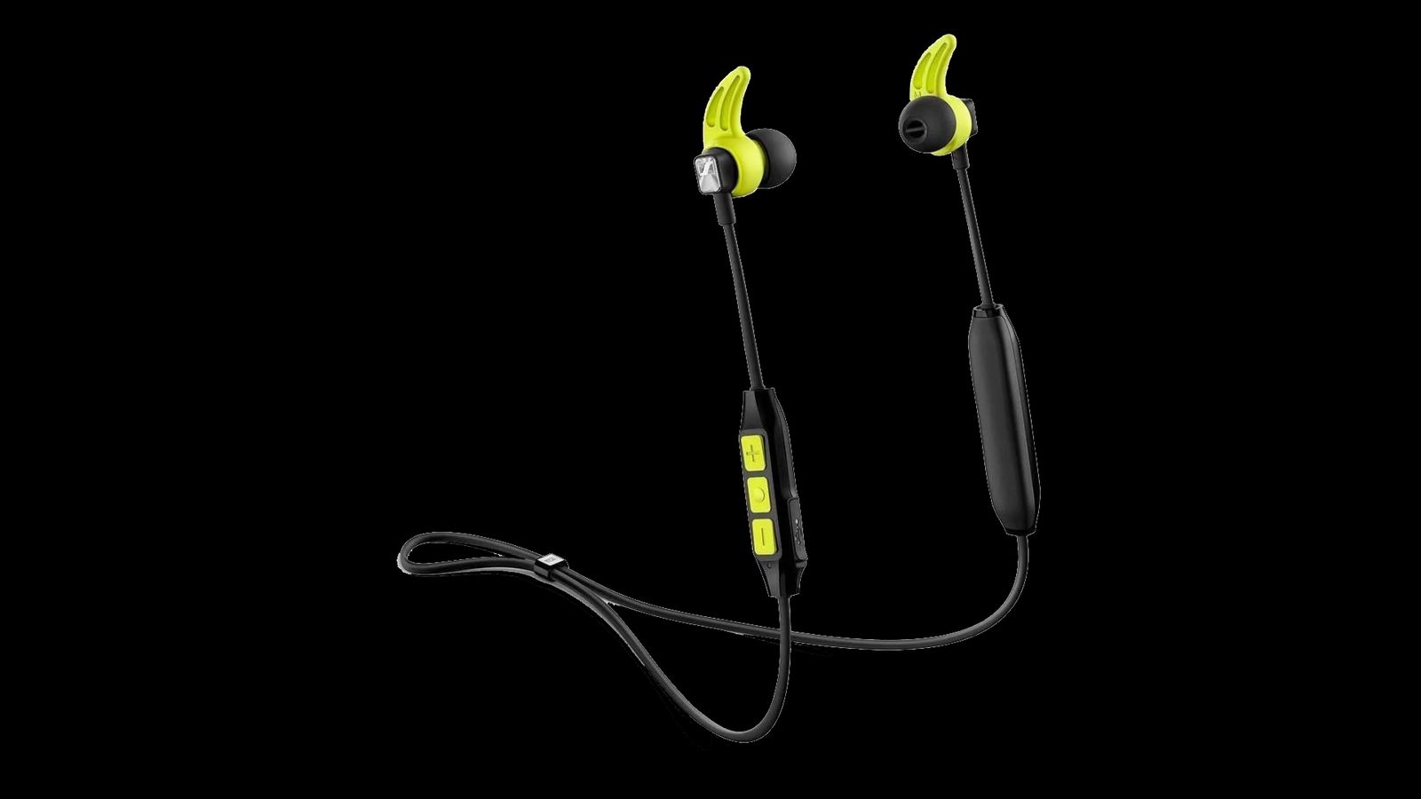 Sennheiser CX Sport product image of a pair of black and yellow earbuds with a cable to wrap around your neck
