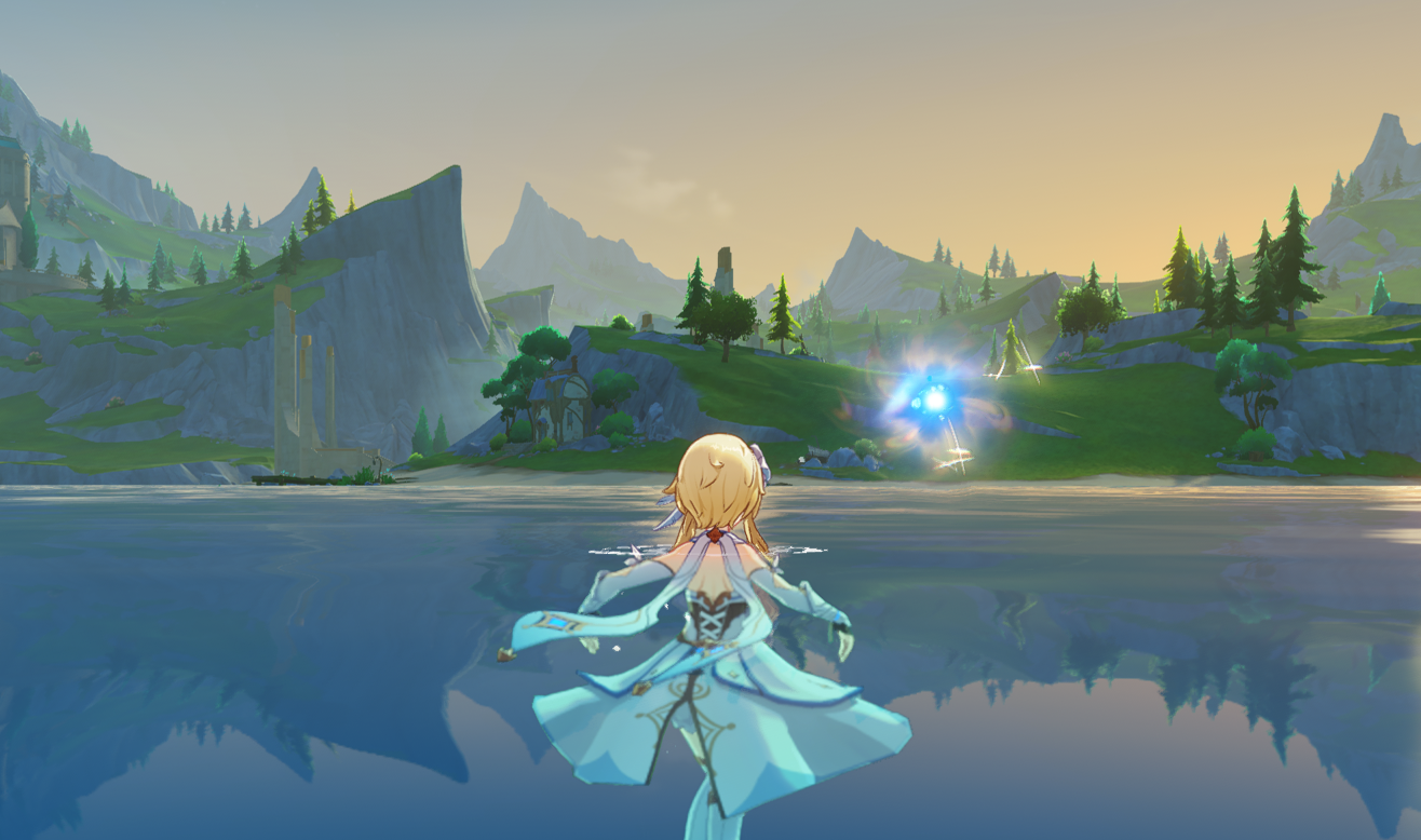 A screenshot of Lumine in floating in the water in Genshin Impact Fontaine.