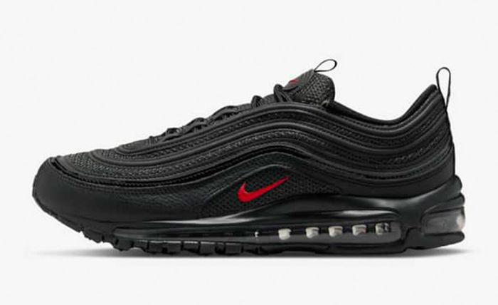 Nike Air Max 97 "Black University Red" product image of a black sneaker with a small red Swoosh along the side.