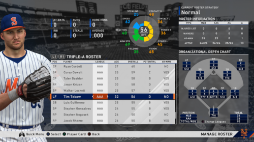 mlb show 20 minor leagues tebow